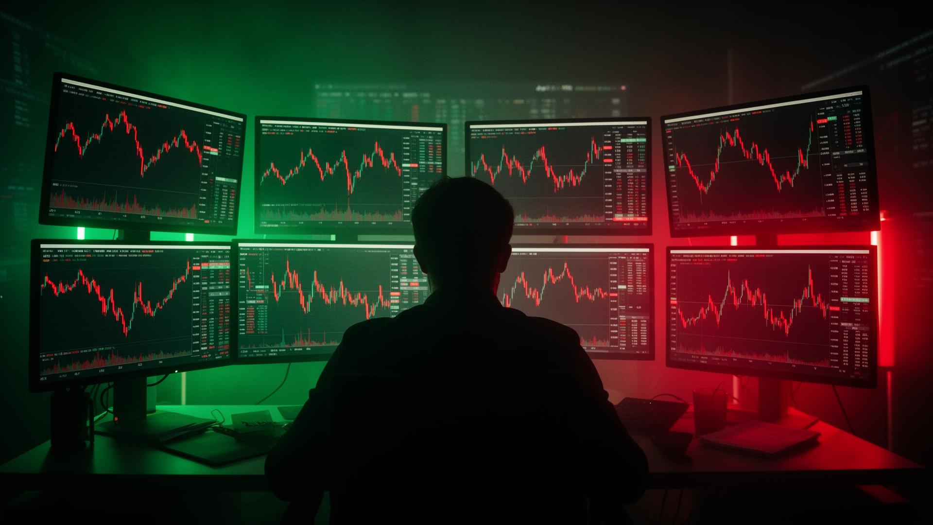 Trader em frente a múltiplos monitores com gráficos do mercado financeiro